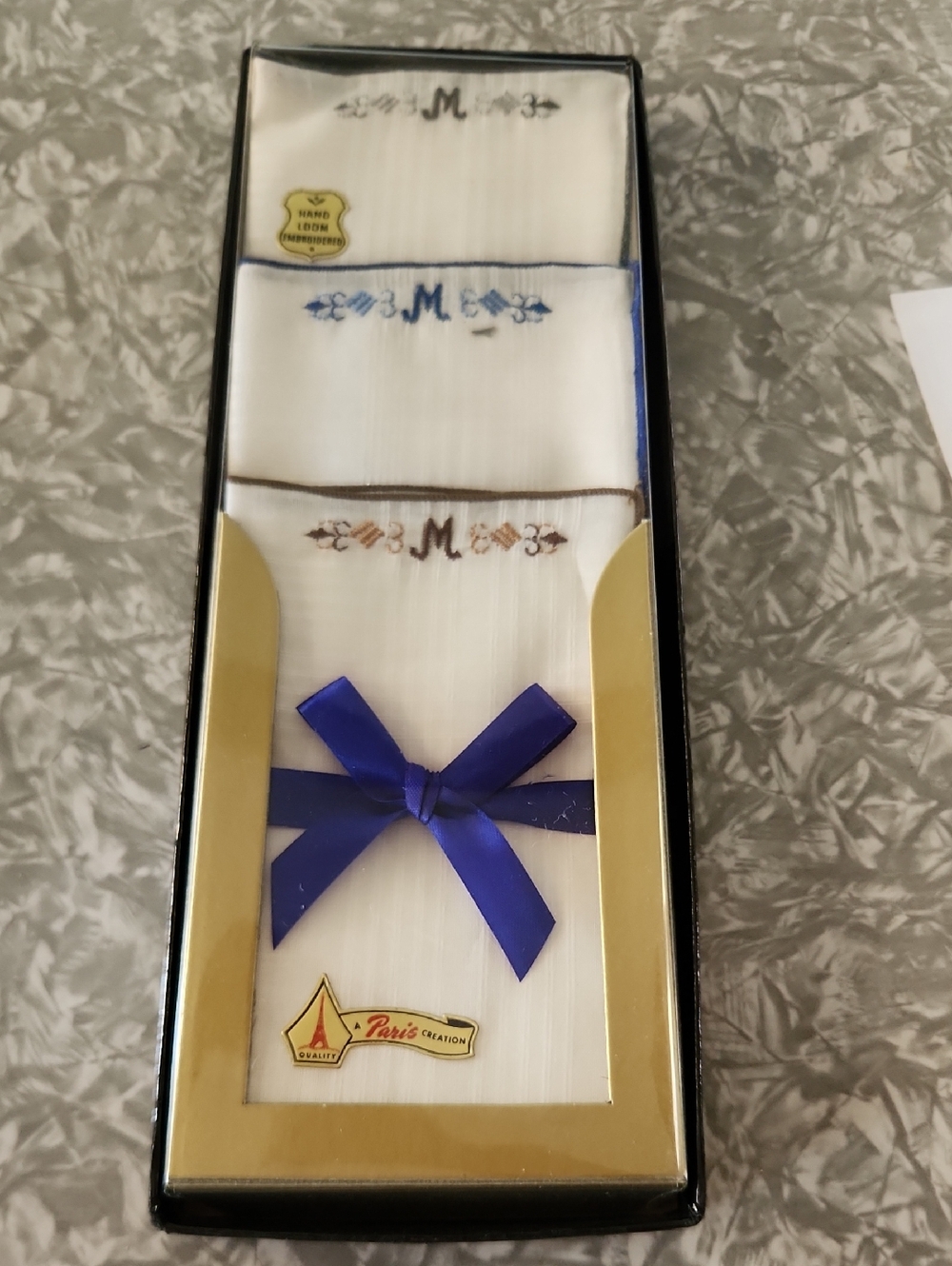 Men's White Handkerchiefs with Blue Embroidery and Ribbon -
